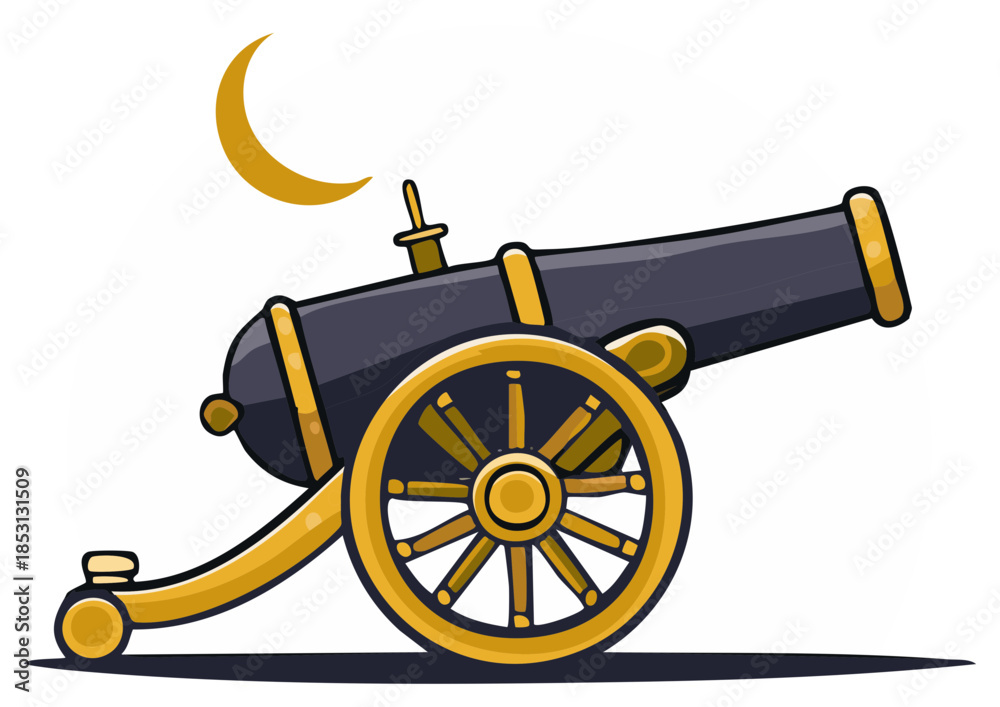 Fototapeta premium Antique cannon with golden crescent moon illustration for celebratory events