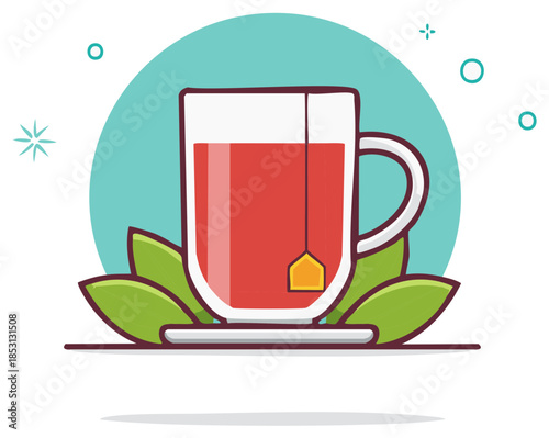 Flat design illustration of hot red tea in a transparent glass mug with a tea bag and fresh green leaves