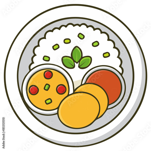 Vibrant cartoon plate featuring rice lentil curry flatbread and zesty sauce for ethnic cuisine