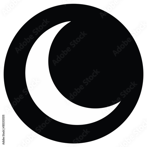 Crescent moon icon in a black circle. Simple black and white nighttime symbol.