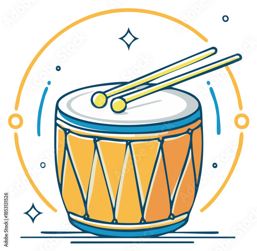 Vibrant Drum and Sticks with Decorative Elements, Musical Instrument Icon