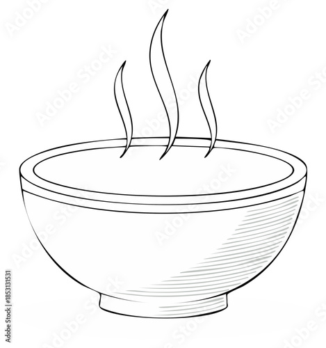 Simple black and white line art illustration of a steaming hot bowl of soup