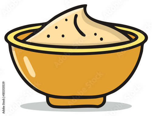 Vibrant cartoon drawing of a bowl of creamy dip with subtle spice speckles ready to serve