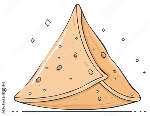 Hand-drawn illustration showcasing a fried samosa or savory filled triangle pastry