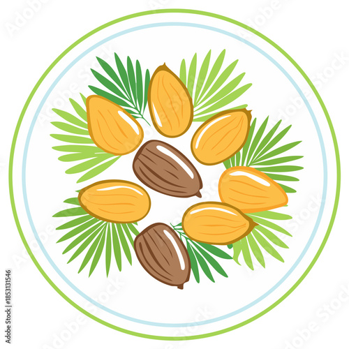 Flat vector icon of a healthy mix of almond nuts and flax seeds with green leaves