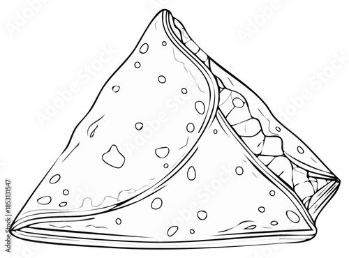 Triangular shaped food item with filling and circular patterns on its surface