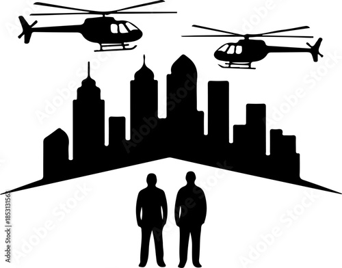 Helicopter Squad Over City Skyline Silhouette