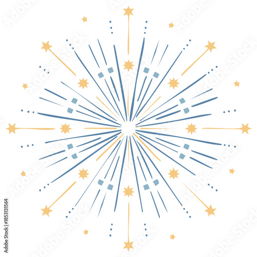 Stylized Celestial Burst of Stars and Lines Illustration in Blue and Yellow