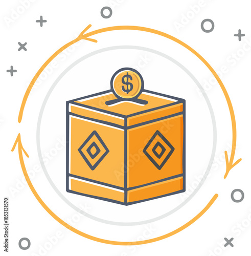Stylized donation box with coin and circular arrows symbolizing giving and receiving