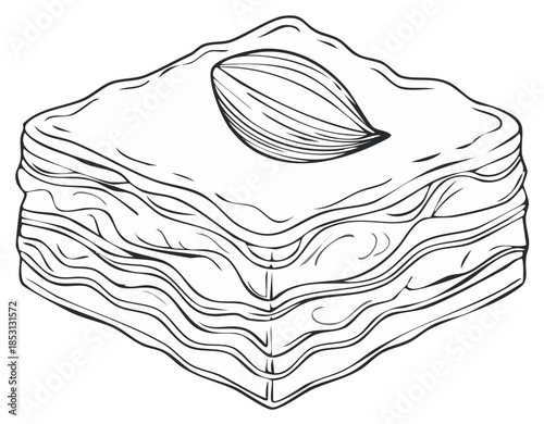 Baklava dessert illustration with nut on top. Traditional pastry dessert drawing