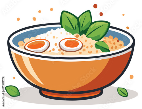 Illustrated bowl of food with eggs and basil, on a white background.