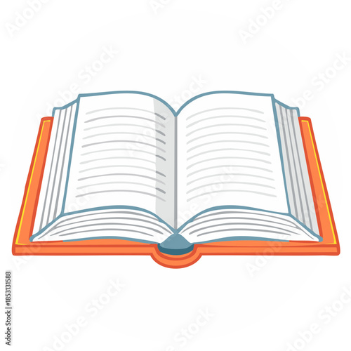 Cartoon illustration of an open hardcover book with an orange cover and text lines