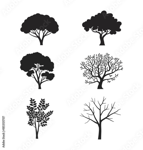 set of tree silhouettes in vector style featuring various species and shapes, perfect for nature-inspired design, backgrounds, illustrations, and environmental or outdoor projects.