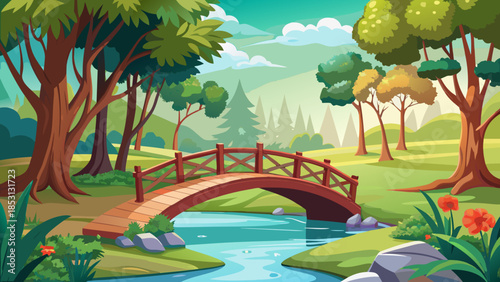 Very beautiful peaceful scene of a small bridge crossing a calm river inside a green park, surrounded by trees and natural light creating a quiet and relaxing atmosphere.