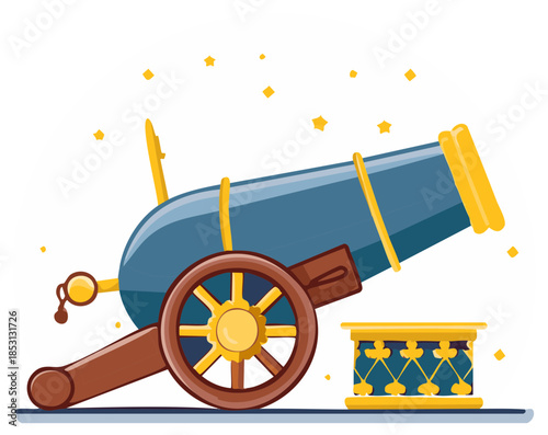 Antique cannon with wheeled carriage and ammunition drum illustration