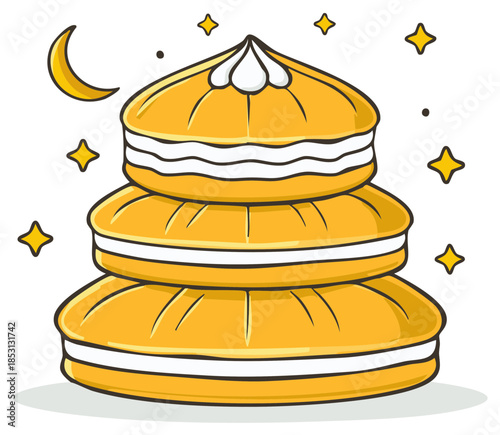 Stack of Sweet Yellow Cakes with Cream and Crescent Moon Decoration