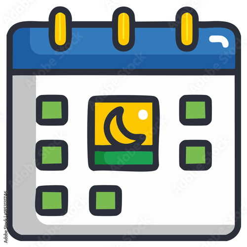 Vibrant calendar icon with specific night time event marked by moon and star on schedule planner