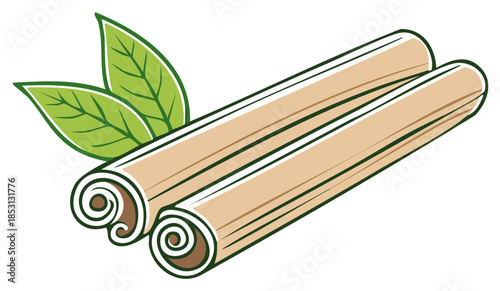 Two Cinnamon Sticks with Green Leaves, Culinary Spice and Natural Flavor, Cooking Ingredients for Sweet Desserts