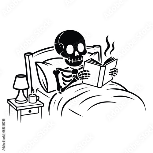 Skeleton Reading Book in Bed Vector: Humorous Black and White Illustration of a Human Skeleton Enjoying a Hot Coffee and a Novel, Cozy Macabre Lifestyle Design.