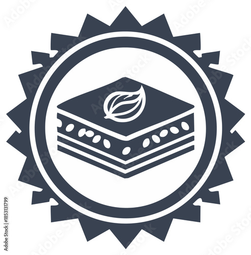 Traditional Baklava Sweet Pastry Icon with Leaf Garnish within a Decorative Emblem Seal