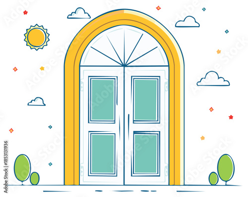 Bright Line Art Illustration of an Arched Double Door with Sun, Clouds, and Green Trees