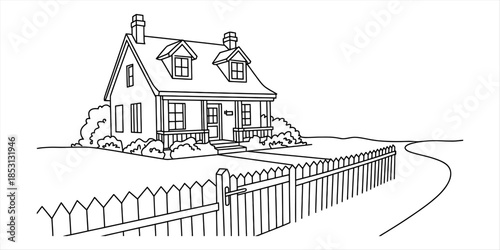 A black and white illustration of a cozy family home with a picket fence and garden Vector, illustration