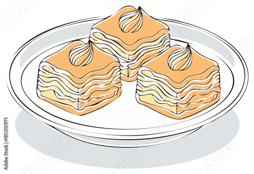 Sweet layered baklava dessert pieces with creamy topping on a plate vector illustration