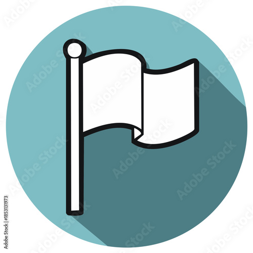 Simple icon of a white flag on a pole with a shadow on a teal circle background