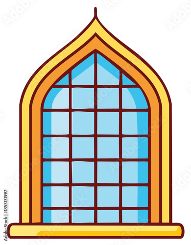 Ornate arched window illustration with decorative golden frame and blue glass grid pattern