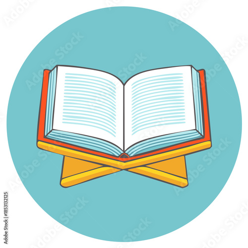 Open Holy Book on a Wooden Stand with Teal Background Flat Design