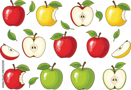 Fresh Apple Vector Set with Red Green and Yellow Fruits Whole Halved Bitten and Sliced with Leaves Isolated on White Background for Food Design