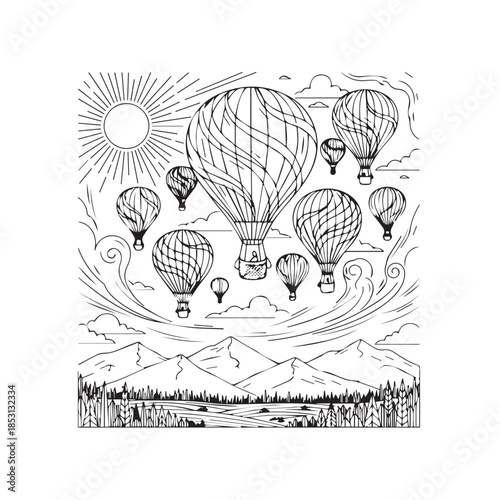 Hot air balloons flying over mountains at sunrise