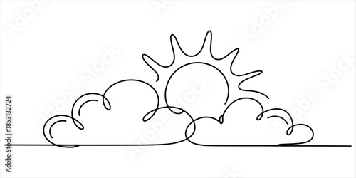 Continuous line drawing of a sun rising or setting behind a pair of clouds Vector, illustration