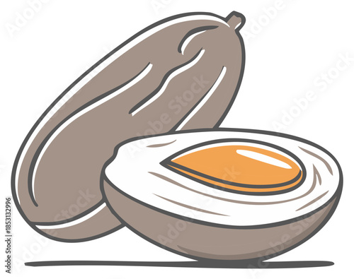 Stylized illustration of a whole and halved salted duck egg with bright orange yolk