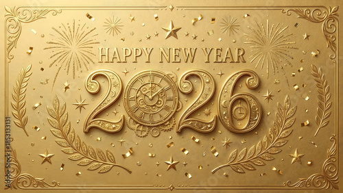 Luxury Happy New Year 2026 Greeting Card Background with Elegant Golden Glitter and Festive Design