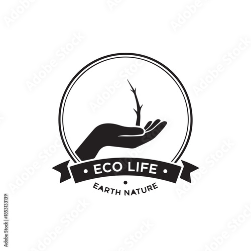 Eco friendly logo with hand holding tree and eco life banner