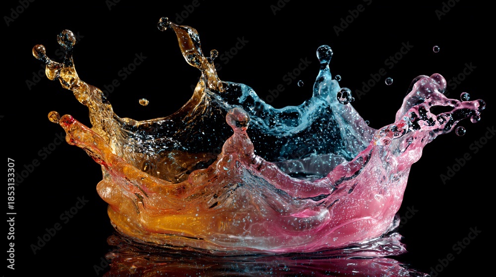 Fototapeta premium Vivid split-toned liquid splash, crown-shaped, against black backdrop