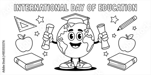 International day of education coloring page featuring cartoon earth character and school supplies. Vector, illustration