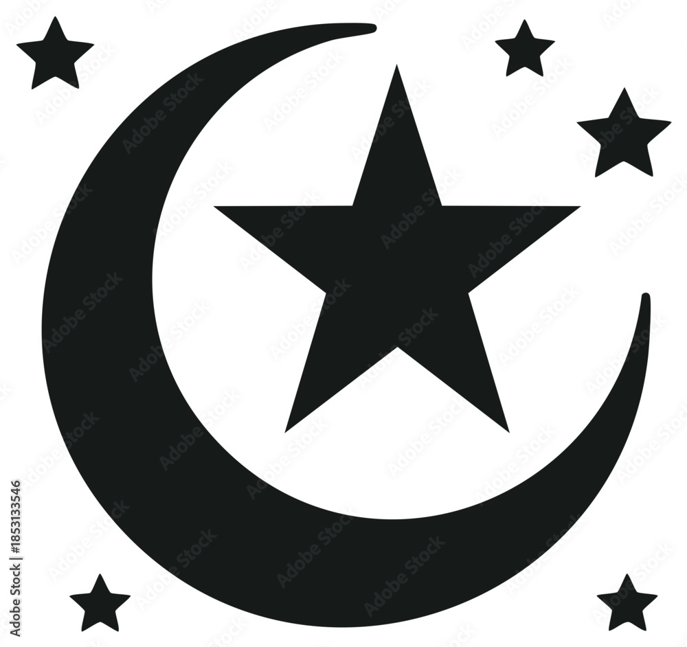 Fototapeta premium Crescent Moon and Star Symbol Icon Black Silhouette Isolated