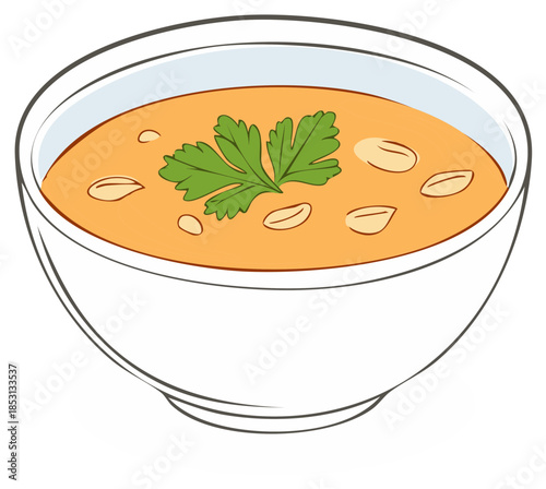 Illustration of a delicious peanut soup garnished with fresh parsley and crunchy peanuts in a white bowl