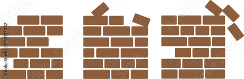 brick wall icons in various graphic styles including flat design, outline, silhouette, and hand-drawn sketch for construction and building themes