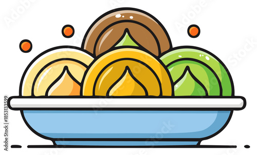 Colorful assortment of roll cakes with cream filling in a bowl vector icon