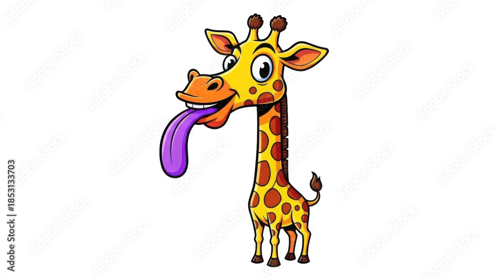 Obraz premium Funny Cartoon Giraffe Character Sticking Out Long Purple Tongue Isolated Illustration isolated PNG with Transparent Background