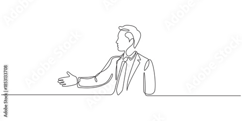 Continuous one line drawing of a businessman offering a handshake, greeting gesture on transparent background, Minimalist concept Vector illustration.