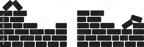 brick wall icons in various graphic styles including flat design, outline, silhouette, and hand-drawn sketch for construction and building themes