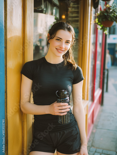 Smiling Fitness Woman with Water Bottle on City Street