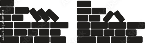 A fragmented brick wall design in a stark black and white composition silhouette