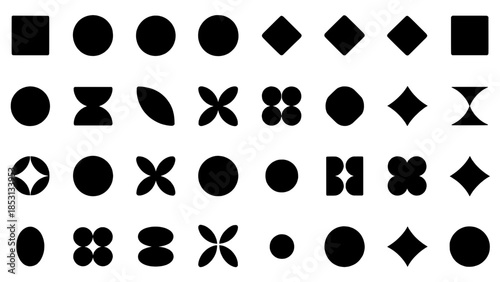 Set of black geometric icons and symbols in vector SVG style, including circles, squares, diamonds, hourglasses, leaves, flowers and decorative glyphs