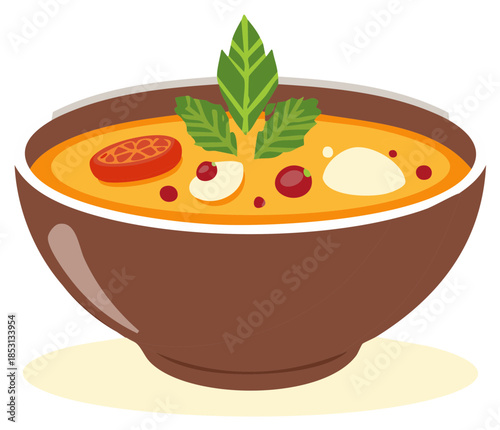Illustration of a hearty vegetable soup in a brown ceramic bowl with fresh herbs and tomato garnish