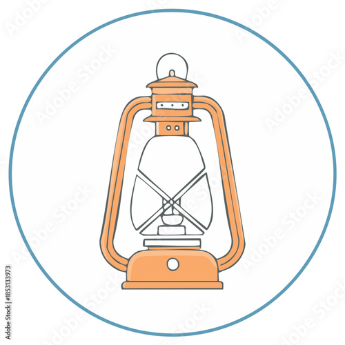 Orange kerosene lantern with glass shade and metal frame inside a circle